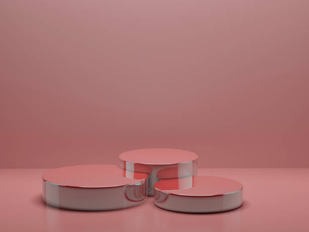 抽象的なシーン - 化粧品、ピンクの背景にモックアップのための 3 つの丸いピンクのポリッシュ光沢のあるシリンダー表彰台。プレゼンテーションスキンケア製品、ギフト、完璧な絶妙なス�