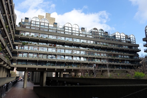 London, England, UK - March 16th 2024: The Barbican Estate in the City of London. The brutalist architecture residential estate was built in the 1960s and '70s.