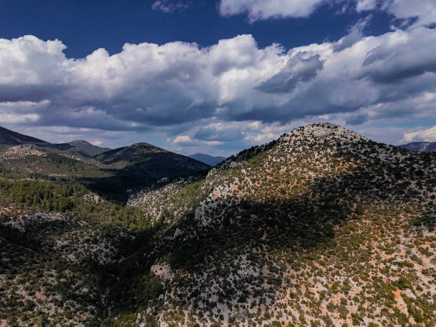 Aerial view of mountains on cloudy sky background,, Taken via drone. Antalya, Türkiye