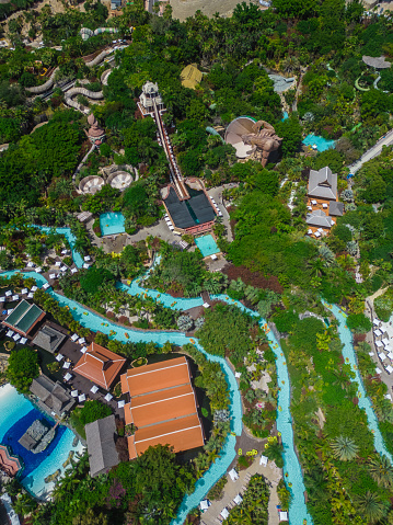 green touristic jungle aquapark Siam Park, Costa Adeje, Tenerife, Canary island. High quality aerial drone photo