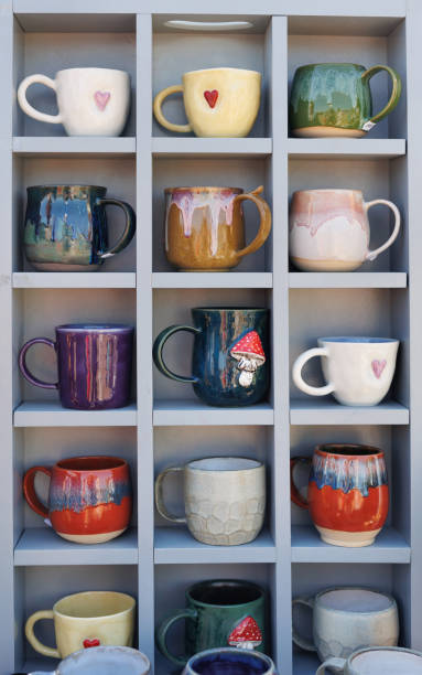 colorful ceramic glass mug in different shape and form. - bowl dishware earthenware hand colored imagens e fotografias de stock