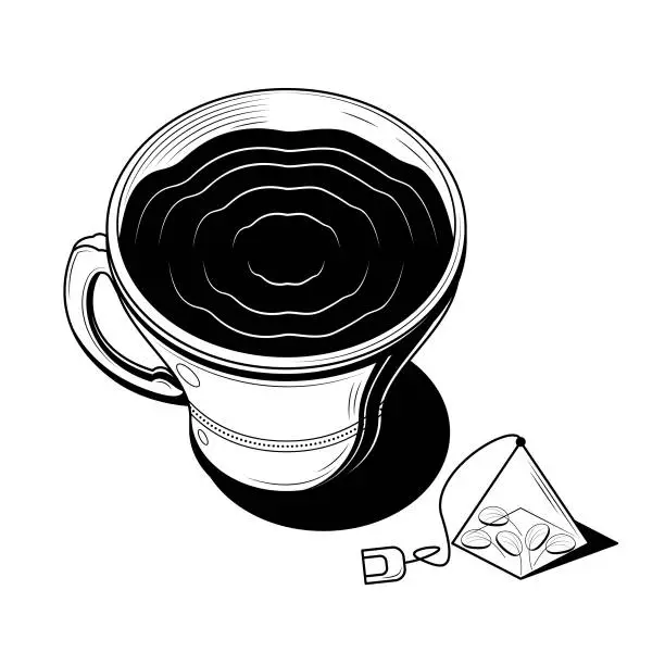 Vector illustration of Abstract Hand Drawn Kitchen Stuff A Cup Of Tea With Bug Of Tea Doodle Concept Vector Design Outline Style On White Background Isolated For Cooking