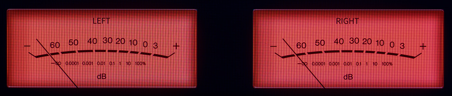 Audio Dual Volume Unit Meters Glowing in the Dark with Red Hue.