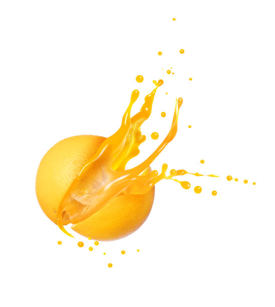 istock Juice splashes from a cut orange in the air isolated on a white background 2091904983