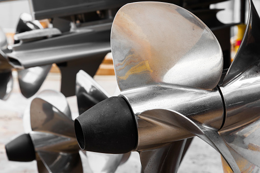 Propellers of motors for motor yachts and boats close-up.