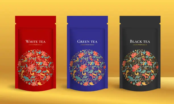 Vector illustration of Tea packaging design with zip pouch bag mockup. Vector ornament template. Elegant, classic elements. Great for food, drink and other package types. Can be used for background and wallpaper.