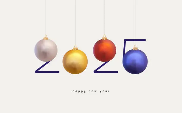 Vector illustration of Logo 2025 with New Year's realistic colored Christmas balls. Happy New Year 2025 template with hanging number. Greeting concept for 2025 New Year celebration. Vector Christmas illustration.