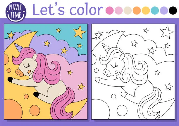Vector illustration of Coloring page for children with cute unicorn sleeping on moon. Vector fairytale outline illustration. Fantasy color book for kids with colored example. Magic world drawing printable worksheet