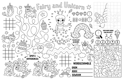 Vector unicorn placemat for kids. Fairytale printable activity mat with maze, tic tac toe chart, connect the dots, find difference. Black and white play mat, coloring page with fairy, rainbow, princess