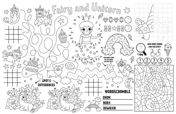 Vector illustration of Vector unicorn placemat for kids. Fairytale printable activity mat with maze, tic tac toe chart, connect the dots, find difference. Black and white play mat, coloring page with fairy, rainbow, princess