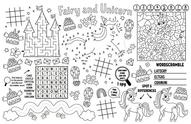 Vector illustration of Vector unicorn placemat for kids. Fairytale printable activity mat with maze, tic tac toe chart, connect the dots, find difference. Black and white play mat, coloring page with fairy, rainbow, princess