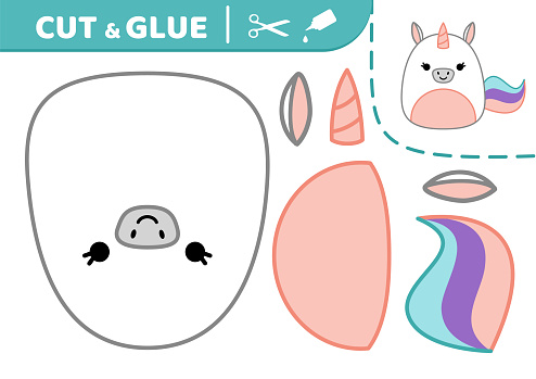Unicorn. Squishmallow. Cut and glue. Applique. Paper game. Owl. Kawaii, cartoon. Isolated vector illustration eps 10