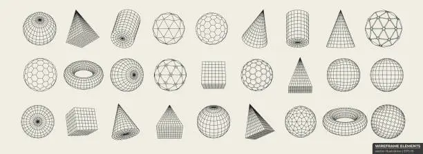 Vector illustration of Wireframes in retro style. Elements consisting of a grid and dots. Collection of lowpoly 3D polygonal shapes.