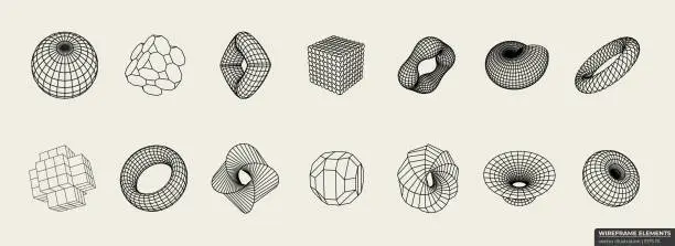 Vector illustration of Wireframes in retro style. Elements consisting of a grid and dots. Collection of lowpoly 3D polygonal shapes.