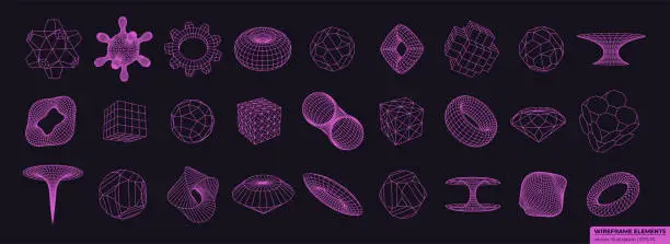 Vector illustration of Wireframe 3D shapes in neon color. Cyberpunk elements consisting of a grid and dots. Collection of lowpoly 3D polygonal shapes.