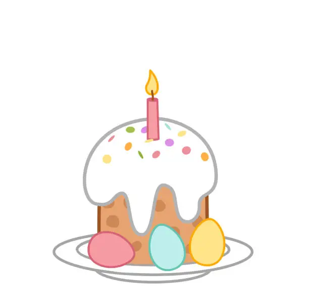 Vector illustration of Plate with Easter cake and eggs. Burning candle in Easter cake. Cartoon, vector