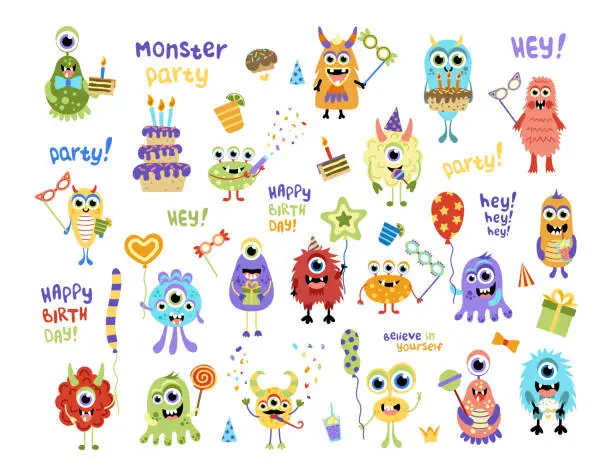 Vector illustration of Monster Birthday Party. Big set. Flat, cartoon, vector