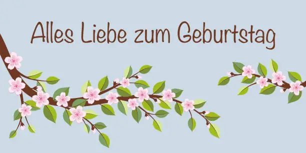 Vector illustration of Alles Liebe zum Geburtstag - text in German language - Happy Birthday.  Greeting card with cherry blossom branches.