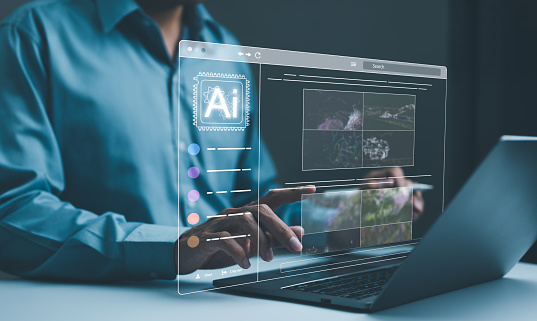 AI image creation technology. Man use AI software on a laptop to generate images, showcasing a futuristic user interface. screen with visual prompt. Image generated by artificial intelligence. photo,