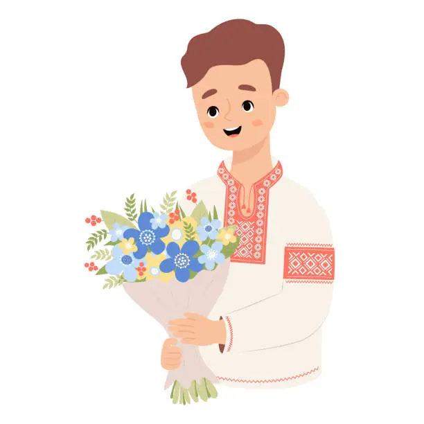 Vector illustration of Young Ukrainian guy in traditional embroidered clothes, vyshyvanka, with bouquet of flowers. Cute male character for design festive themes. Vector illustration in flat style