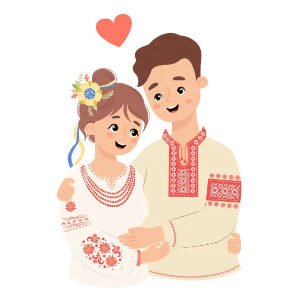 Vector illustration of Happy Ukrainian people. Cute man and woman in traditional embroidered clothes vyshyvanka. Vector illustration. loving couple of characters of Ukrainian nation