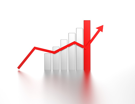 Business graph with 3D chart with upward arrow