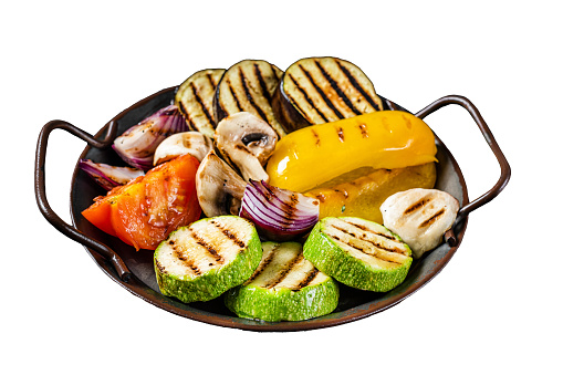 Grilled vegetables, bell pepper, zucchini, eggplant, onion and tomato.  Isolated on white background. Top view