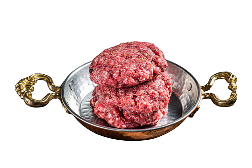 Raw Hamburger patty, groud beef Meat, uncooked meat cutlets.  Isolated on white background. Top view