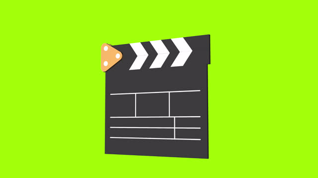 Rotating 3D Cinema clapperboard on a green screen.