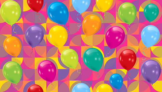 Seamless colorful birthday party balloons on multicolored abstract shapes  background vector illustration