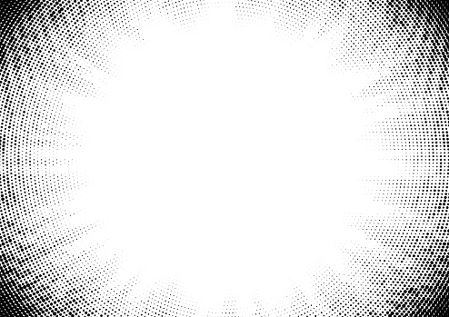 Black and white halftone dots glowing rays of light vignette frame vector illustration background