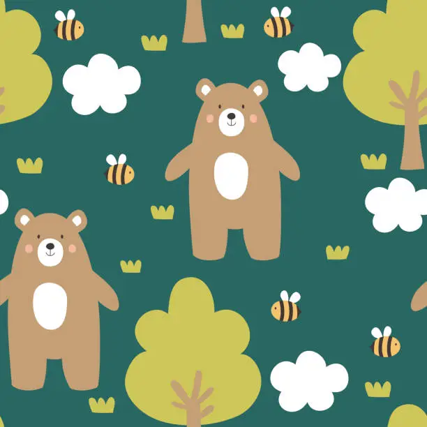 Vector illustration of Cute bear seamless pattern. Children background with bear, trees, bees and clouds . Vector illustration.