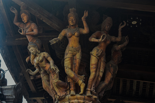 Wooden sculptures inside the scantuary of truth pattaya.