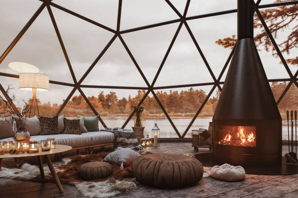 Interior Of Geodesic Dome House In Autumn