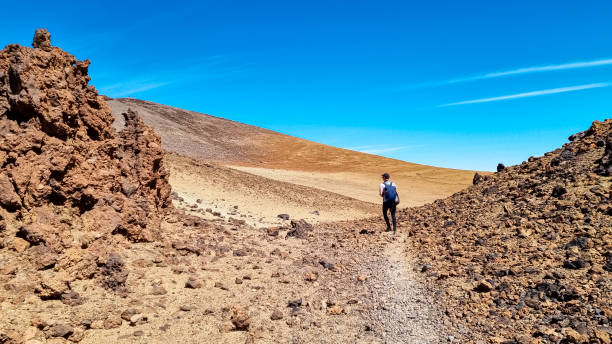 istock Teide - Man with backpack on volcanic desert terrain hiking trail leading to summit volcano Pico del Teide, Tenerife, Spain. 2092132253