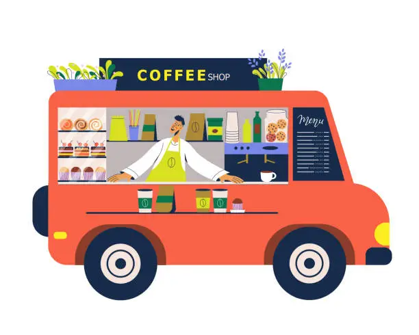 Vector illustration of Coffee shop food truck. Street cafeteria van on wheels with barista. Small business.