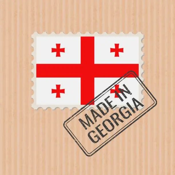 Vector illustration of Made in Georgia badge vector. Sticker with Georgian national flag. Ink stamp isolated on paper background.