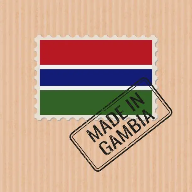 Vector illustration of Made in Gambia badge vector. Sticker with Gambian national flag. Ink stamp isolated on paper background.