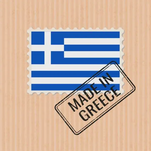 Vector illustration of Made in Greece badge vector. Sticker with Greek national flag. Ink stamp isolated on paper background.