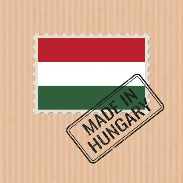 Vector illustration of Made in Hungary badge vector. Sticker with Hungarian national flag. Ink stamp isolated on paper background.