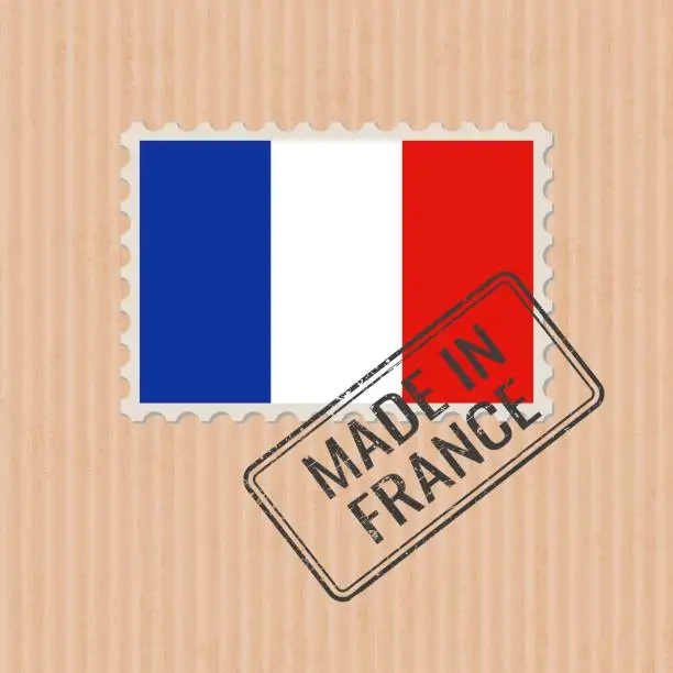 Vector illustration of Made in France badge vector. Sticker with French national flag. Ink stamp isolated on paper background.