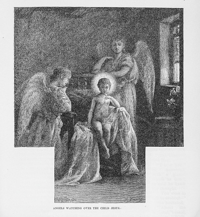 Illustration from  Harpers Monthly Magazine LXXIV December-1886-May-1887:- Two angels watch over the child Jesus as a growing boy.