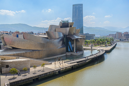 BILBAO, SPAIN - 03 18  2019: Guggenheim Museum Bilbao by Canadian-American architect Frank Gehry.