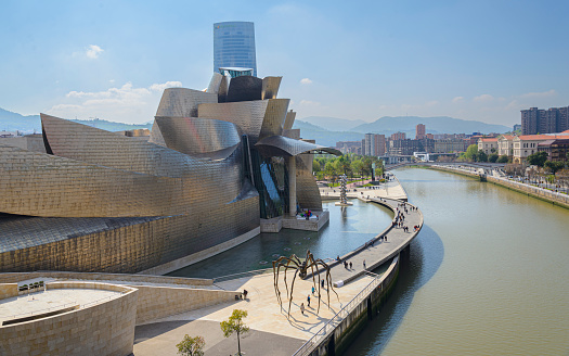 BILBAO, SPAIN - 03 18  2019: Guggenheim Museum Bilbao by Canadian-American architect Frank Gehry.