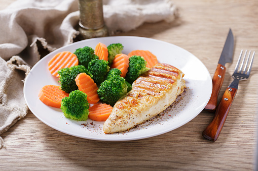 plate of grilled chicken and vegetables on wooden table