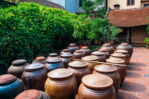 Row of traditional Vietnamese ceramic pots lined in a peaceful courtyard in Hanoi, showcasing Vietnam's culture and craftsmanship.