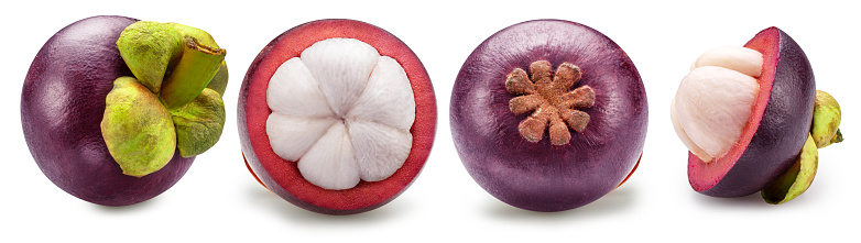 Set of mangosteen fruits and  cross-section of mangosteen on white background. File contains clipping paths.