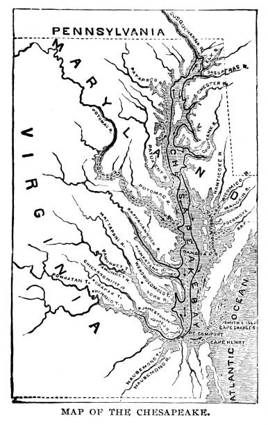 Map of Chesapeake Colonies, United States, 16th-17th Century American History Virginia and Maryland map (USA) during the 16th-17th Centuries. Illustration published 1895. Copyright expired; artwork is in Public Domain. colonies map stock illustrations