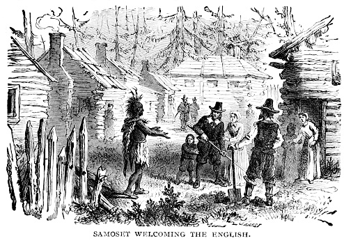 Native American chief Samoset (1590 – 1653) was a the first indigenous person to make contact with the Pilgrims of Plymouth Colony in Massachusetts. Samoset learned to speak English from sailors in Maine. Illustration engravings published 1895. Original edition is from a history book in my own archives. Copyright has expired and is in Public Domain.