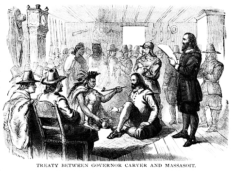 Governor Carter of Plymouth Colony signed a peace treaty with Massasoit tribe. Illustration published1895. Copyright expired; artwork is in Public Domain.